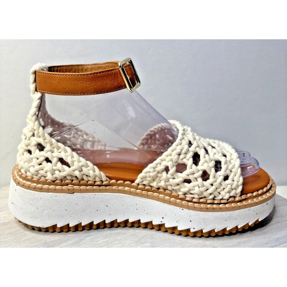 Chloé Crochet Platform Sandals Size 37 US 7 White Leather Ankle Strap Wedge - Picture 7 of 12